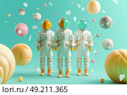A group of three astronauts in full gear standing next to each other, ready for their space mission. Стоковое AI-изображение, AI-художник Данила Большаков / Фотобанк Лори