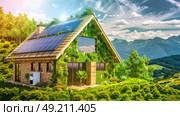 An eco-friendly house with a solar panel installed on the roof. Стоковое AI-изображение, AI-художник Данила Большаков / Фотобанк Лори