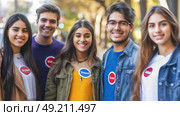 A group of five young adults stands smiling in an urban park, proudly displaying I Voted stickers on a bright autumn day, showcasing civic engagement and participation. Стоковое AI-изображение, AI-художник Данила Большаков / Фотобанк Лори