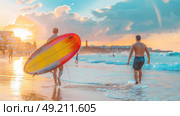 A couple of people walking together in the water, their feet submerged in the shallow waves. Стоковое AI-изображение, AI-художник Данила Большаков / Фотобанк Лори