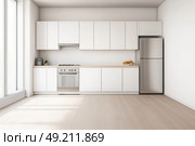Modern trendy kitchen design with white cabinets. Subway tile backsplash, marble countertop. No brands or labels. Neutral contemporary design. Simply furniture with utensils, crockery, refrigerator. Стоковое AI-изображение, AI-художник Марина Демидюк / Фотобанк Лори