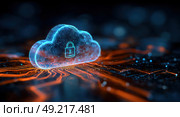 A blue cloud with a lock on it is on a black background. Стоковое AI-изображение, AI-художник Ярославский Максим / Фотобанк Лори
