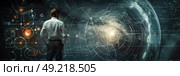 A researcher observes complex holographic projections of planets and astrophysical diagrams in a dark room. Стоковое AI-изображение, AI-художник Данила Большаков / Фотобанк Лори