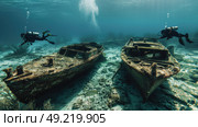 Two divers swim near coral-encrusted shipwrecks resting on the sandy ocean floor, surrounded by marine life. Стоковое AI-изображение, AI-художник Данила Большаков / Фотобанк Лори