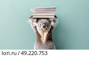 A koala is balancing a stack of books on its head in this unique and amusing scene. Стоковое AI-изображение, AI-художник Данила Большаков / Фотобанк Лори