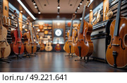 Wooden cellos and string instruments in a music store interior with warm lighting. Стоковое AI-изображение, AI-художник Mariana Rusanovschi / Фотобанк Лори