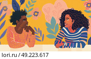 Two friends are engaged in a light-hearted chat, surrounded by vibrant floral illustrations. Стоковое AI-изображение, AI-художник Данила Большаков / Фотобанк Лори