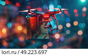 A red and black remote controlled flying device zooming through the sky with precision and agility. Стоковое AI-изображение, AI-художник Данила Большаков / Фотобанк Лори