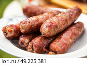 Delicious sausages on plate cooked on barbecue grill. Travel kielbasa cooking. Picnic outdoors. Стоковое фото, агентство Ingram Publishing / Фотобанк Лори
