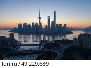 Shanghai Skyline in the Morning. Lujiazui Financial District and Huangpu River. Aerial View. (2018 год). Стоковое фото, фотограф Максим Забаровский / Фотобанк Лори