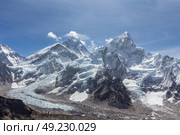 Mt Everest, Nuptse and Khumbu glacier. Blue sky. Panoramic view. Himalayan mountains, Nepal. (2017 год). Стоковое фото, фотограф Максим Забаровский / Фотобанк Лори