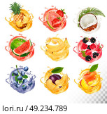 Set of fruit juice splash. Pineapple, strawberry, watermelon, mango, peach, blackberry, raspberry, banana, guava, bueberry, coconut. Vector. Стоковая иллюстрация, агентство Ingram Publishing / Фотобанк Лори