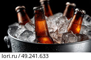 A bucket of ice with several brown beer bottles, close-up. Стоковое AI-изображение, AI-художник Ярославский Максим / Фотобанк Лори