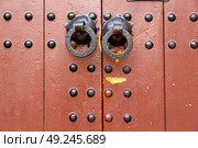 morocco knocker in africa the old wood  facade home and rusty safe padlock . Стоковое фото, агентство Ingram Publishing / Фотобанк Лори