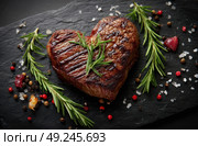 A heart shaped steak with rosemary and pepper on top. Стоковое AI-изображение, AI-художник Ярославский Максим / Фотобанк Лори