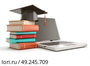 A stack of books and a laptop with a graduation cap on top. Стоковое AI-изображение, AI-художник Ярославский Максим / Фотобанк Лори