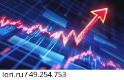 Red arrow rising on digital bar chart with blurred blue bokeh lights in background. Concept of economic growth, finance, analytics, success and positive trend in data statistics. Copy space. Banner. Стоковое AI-видео, аниматор Евгений Демидюк / Фотобанк Лори