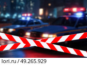 Restrictive Tape Blocks View of Flashing Police Car Lights in an Urban Setting at Night. Стоковая иллюстрация, иллюстратор Aleksandr Golubev / Фотобанк Лори