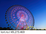 High neon ferris wheel at night in an amusement park Navruz or Anhor in Tashkent, Uzbekistan. (2023 год). Стоковое фото, фотограф Емельянов Евгений Викторович / Фотобанк Лори