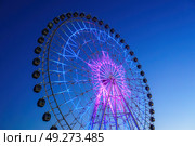 High neon ferris wheel at night in an amusement park Navruz or Anhor in Tashkent, Uzbekistan. (2023 год). Стоковое фото, фотограф Емельянов Евгений Викторович / Фотобанк Лори