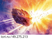An illustration depicting the destructive collision of an asteroid with a planet, showcasing the intense force and devastation caused by the impact. Стоковое AI-изображение, AI-художник Данила Большаков / Фотобанк Лори
