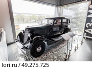 An impressive display of 1930s vintage car GAZ M1 showcased in a dedicated museum exhibit of Gorky Automobile Plant museum in Nizhniy Novgorod. Редакционное фото, фотограф Константин Григорьев / Фотобанк Лори