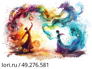 A watercolor painting depicting a woman facing a fierce dragon, showcasing the intensity of their interaction. Стоковое AI-изображение, AI-художник Данила Большаков / Фотобанк Лори
