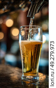 Pouring a Refreshing Beverage Into a Clear Glass at a Lively Bar During the Evening Hours. Стоковое AI-изображение, AI-художник Юлия Гапеенко / Фотобанк Лори