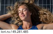 A woman with long hair is laying on her back, smiling and looking up at the sky. Стоковое AI-изображение, AI-художник Ярославский Максим / Фотобанк Лори
