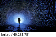 A man is walking through a tunnel with a blue background. Стоковое AI-изображение, AI-художник Ярославский Максим / Фотобанк Лори