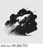 A detailed black and white drawing of a rocket blasting off into space with smoke billowing from its engines. Стоковое AI-изображение, AI-художник Данила Большаков / Фотобанк Лори