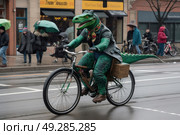A costumed dinosaur pedals through urban traffic, with passersby holding umbrellas behind. Стоковое AI-изображение, AI-художник Данила Большаков / Фотобанк Лори
