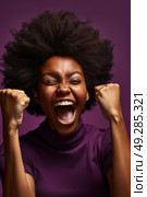 African American woman with her fists raised in a fighting stance against a vibrant purple background. Стоковое AI-изображение, AI-художник Данила Большаков / Фотобанк Лори