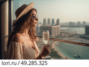 A beautiful woman holding a glass of wine in a stylish manner, showcasing elegance and sophistication. Стоковое AI-изображение, AI-художник Данила Большаков / Фотобанк Лори