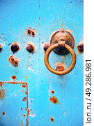 metal nail dirty   stripped paint in the brown   red wood door and rusty  knocker. Стоковое фото, агентство Ingram Publishing / Фотобанк Лори