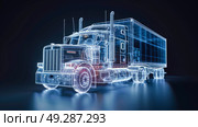 ThreeDimensional Wireframe Rendering of a SemiTruck with Trailer Displayed Against a Solid Black Background. Стоковое AI-изображение, AI-художник Anastasy Yarmolovich / Фотобанк Лори