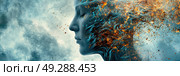 A womans head with flames bursting out of it, depicting intensity and inner turmoil. Стоковое AI-изображение, AI-художник Данила Большаков / Фотобанк Лори