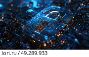 A computer chip with a lock on it, indicating data security and protection against unauthorized access. Стоковое AI-изображение, AI-художник Данила Большаков / Фотобанк Лори
