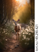 A deer stands in the center of a dense forest surrounded by trees and foliage, alert and cautious of its surroundings. Стоковое AI-изображение, AI-художник Данила Большаков / Фотобанк Лори