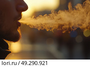 Выдох пара в золотом закате. Стоковое AI-изображение, AI-художник Александр Жуков / Фотобанк Лори