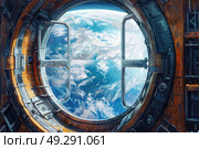The image shows a view of Earth from inside a space station, revealing the curvature of the planet, clouds, oceans, and landmasses. Стоковое AI-изображение, AI-художник Данила Большаков / Фотобанк Лори