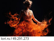 A woman wearing a dress is engulfed in flames, facing a dangerous situation. Стоковое AI-изображение, AI-художник Данила Большаков / Фотобанк Лори