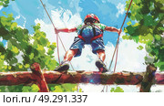 A painting depicting a person balancing while walking on a tightrope suspended in mid-air. Стоковое AI-изображение, AI-художник Данила Большаков / Фотобанк Лори