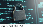 A metallic 3D lock icon with brushed steel texture, angled to show depth, placed on a blurred security-themed hi-tech futuristic modern backdrop. Стоковое AI-видео, аниматор Sergey Grishin / Фотобанк Лори