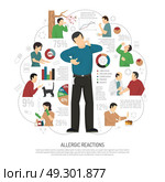 Flat Allergy Infographic. Flat allergy infographic with percent ratio allergy treatment and allergic reactions headline vector illustration. Стоковая иллюстрация, агентство Ingram Publishing / Фотобанк Лори