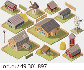 Farms Isometric Set. Set of isometric farms with mills barn and silo hay fence and street lamp isolated vector illustration. Стоковая иллюстрация, агентство Ingram Publishing / Фотобанк Лори