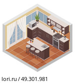 Kitchen Interior Isometric Composition . Kitchen interior isometric composition with bar stand oven microwave and shelves for kitchenware flat vector illustration   . Стоковая иллюстрация, агентство Ingram Publishing / Фотобанк Лори
