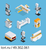 Modern Woodworking Machinery Isometric Set. Modern automated woodworking machinery set of equipment for grinding drilling clipping cutting  isometric vector illustration. Стоковая иллюстрация, агентство Ingram Publishing / Фотобанк Лори