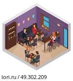 Coffee House Interior Composition. Cafe interior restaurant pizzeria bistro canteen isometric indoor composition with cupboard and visitors sitting at tables vector illustration. Стоковая иллюстрация, агентство Ingram Publishing / Фотобанк Лори