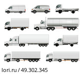 Realistic Cargo Vehicles Set. Set of realistic white cargo vehicles including heavy trucks with various trailers, lorries, vans isolated vector illustration  . Стоковая иллюстрация, агентство Ingram Publishing / Фотобанк Лори